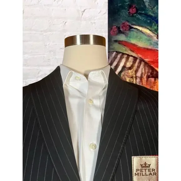 Peter Millar 40R 32W Dark Navy Blue Gray Pinstripe 2 Piece Suit Jacket Pants - Picture 2 of 16